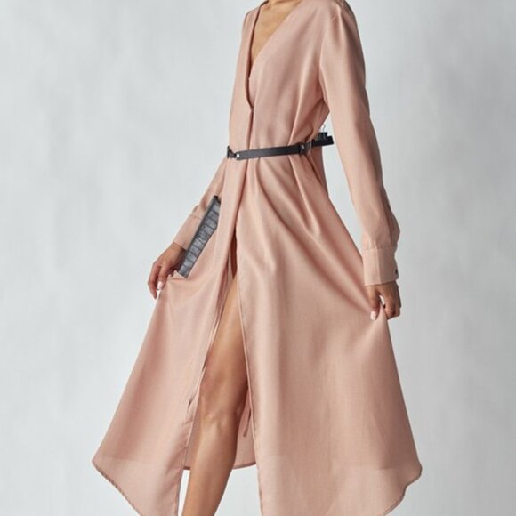 Belted Midi Dress w/ Faux Leather Pocket and Belt | Long Sleeve - Picture 6 of 10